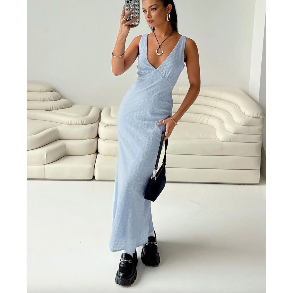 Princess Polly Blue Eyelet Tie Back Maxi Dress Cotton Summer XS